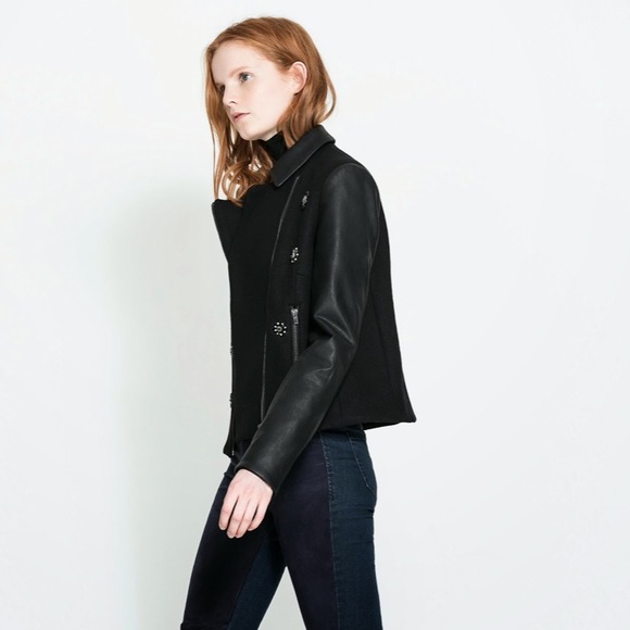 Zara Jackets & Blazers - NWT Zara jeweled faux leather sleeves Moto jacket